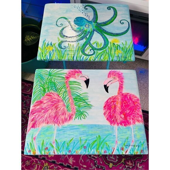 Flamingo Tray Table Hand Painted Coastal Original Vintage Rare Wood L19” W14” H2 - Picture 16 of 16